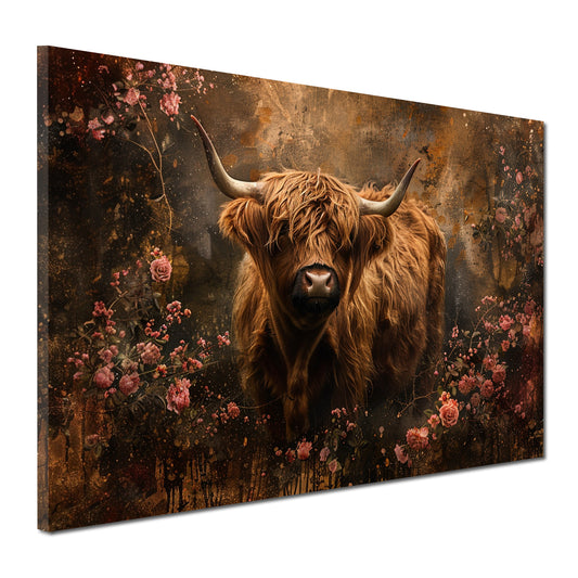 Wandbild Hochlandrind Blumen Vintage Natur rustikal