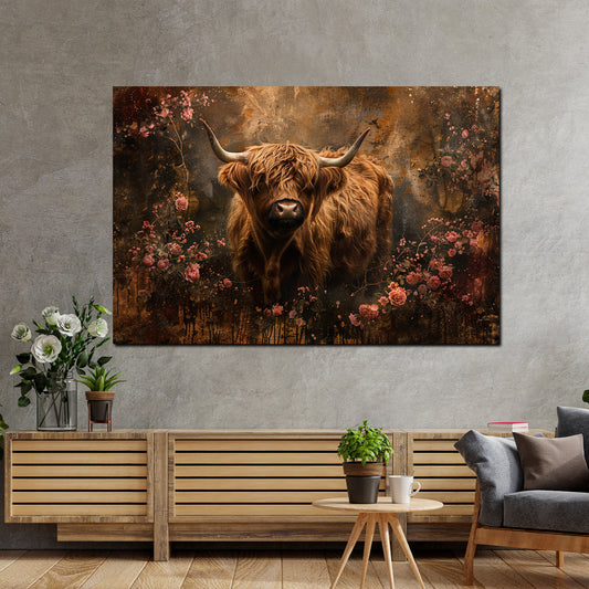 Wandbild Hochlandrind Blumen Vintage Natur rustikal
