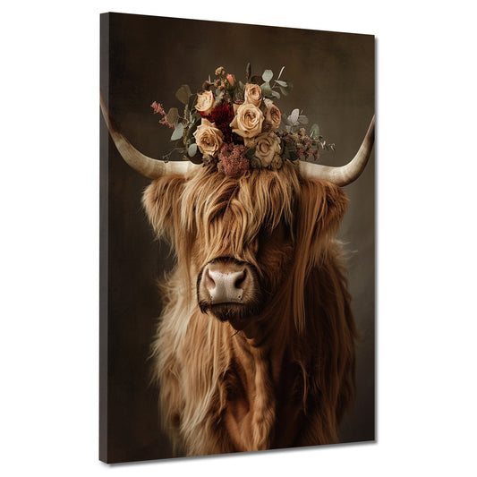 Wandbild Hochlandkuh mit Blumenkranz Natur Boho rustikal modern