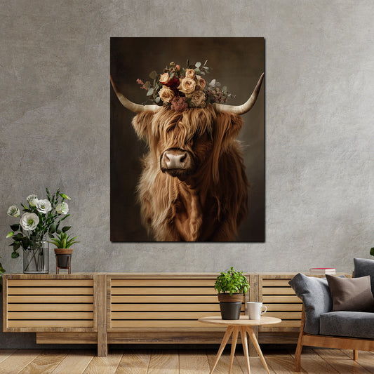 Wandbild Hochlandkuh mit Blumenkranz Natur Boho rustikal modern