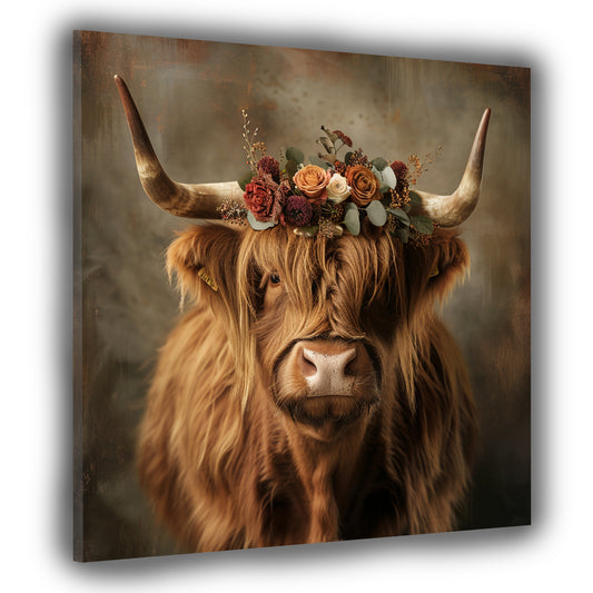 Wandbild Kuh Scottish Highlander mit Blumenkrone Natur Stil modern