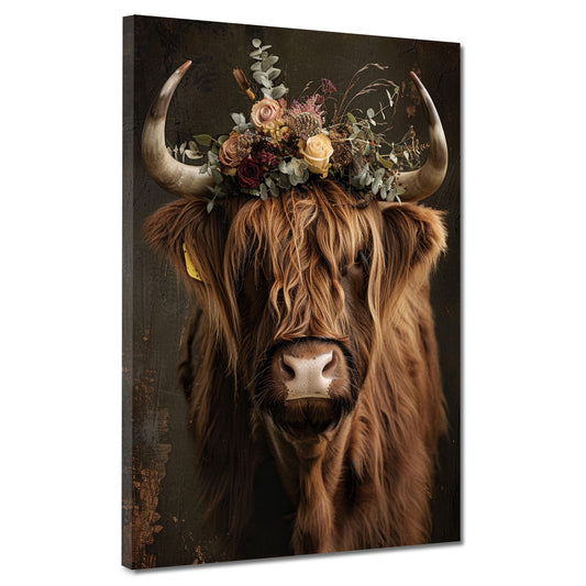 Wandbild Kuh Blumenkranz Boho Natur Tierportrait