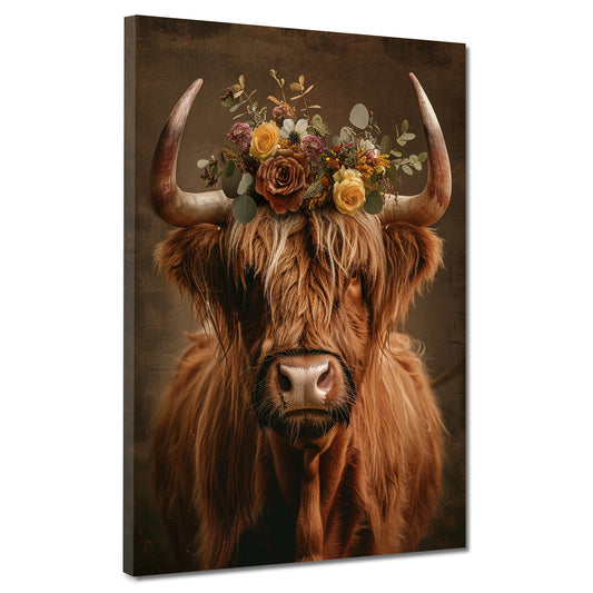Wandbild Kuh mit Blumenkranz Boho Stil Natur