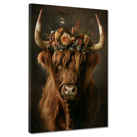 Wandbild Hochlandkuh mit Blumenkrone Boho Look ländlich vintage