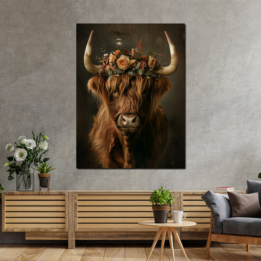 Wandbild Hochlandkuh mit Blumenkrone Boho Look ländlich vintage