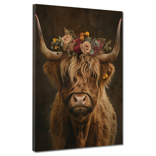 Wandbild stolze Hochlandkuh mit Blumenkrone Boho Naturstil Vintage modern