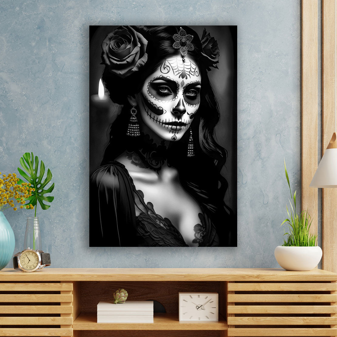 Wandbild La Calavera Catrina im Spitzenkleid schwarz weiß