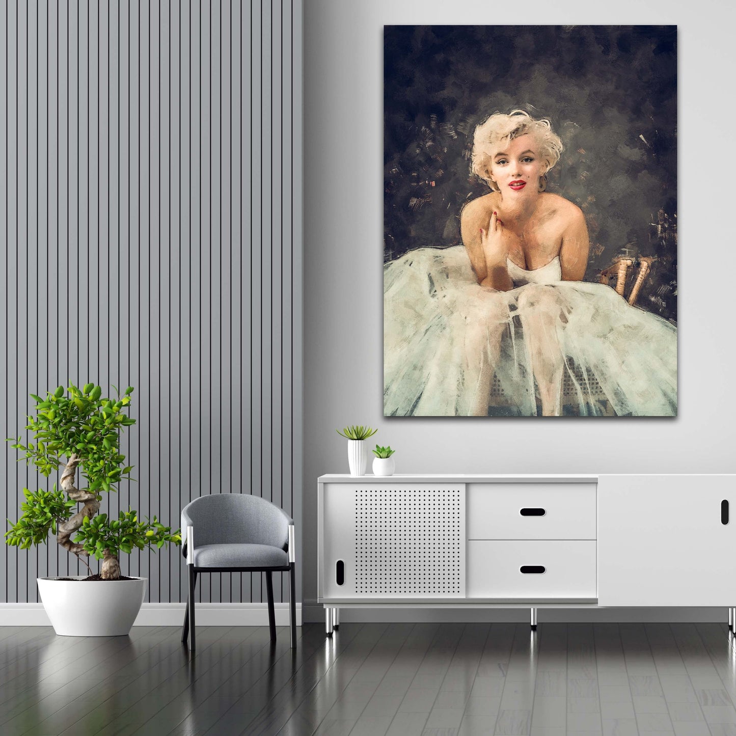 Marilyn im weißen Kleid auf Alu-Dibond im Wohnraum