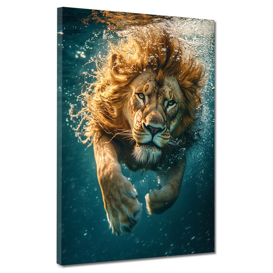 Wandbild Löwe taucht ins Wasser Kraft