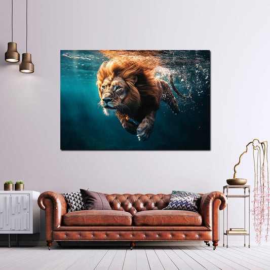 Wandbild Löwe unter Wasser Stärke Wildtier Natur