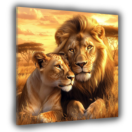 Wandbild Löwenpaar Afrika Sonnenuntergang Wildnis Liebe