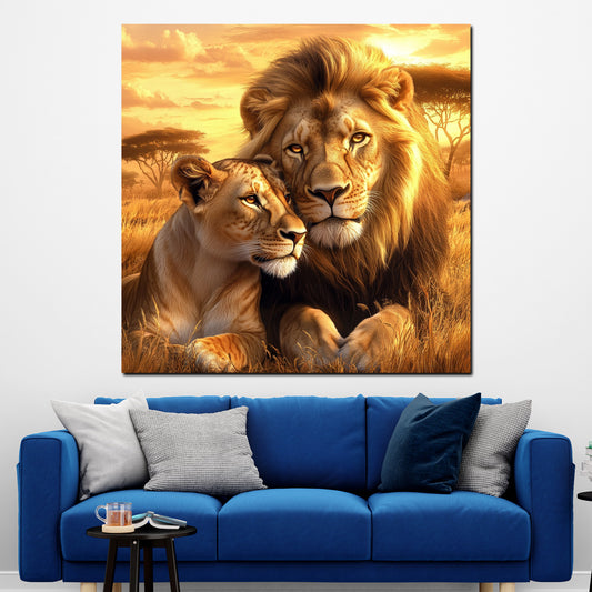 Wandbild Löwenpaar Afrika Sonnenuntergang Wildnis Liebe