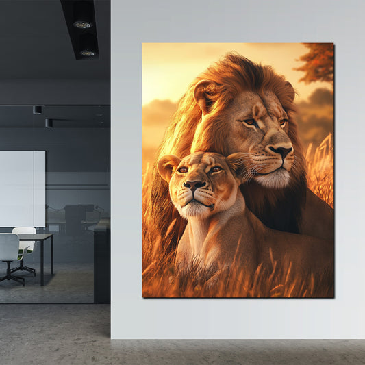 Wandbild Löwenpaar Savanne Sonnenuntergang Stärke Natur