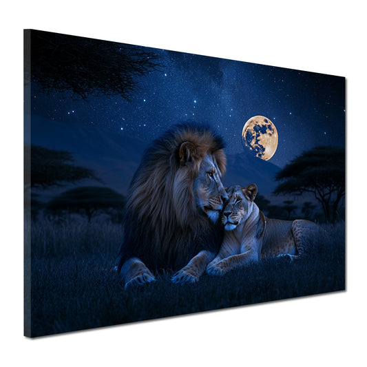 Wandbild Löwenpaar romantisch Nacht Savanne Vollmond