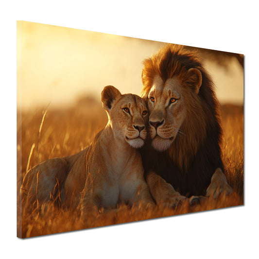 Wandbild Löwenpaar verliebt Savanne Sonnenuntergang