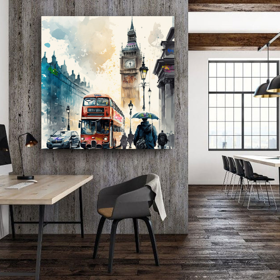 Wandbild London, Big Ben Bus Watercolour