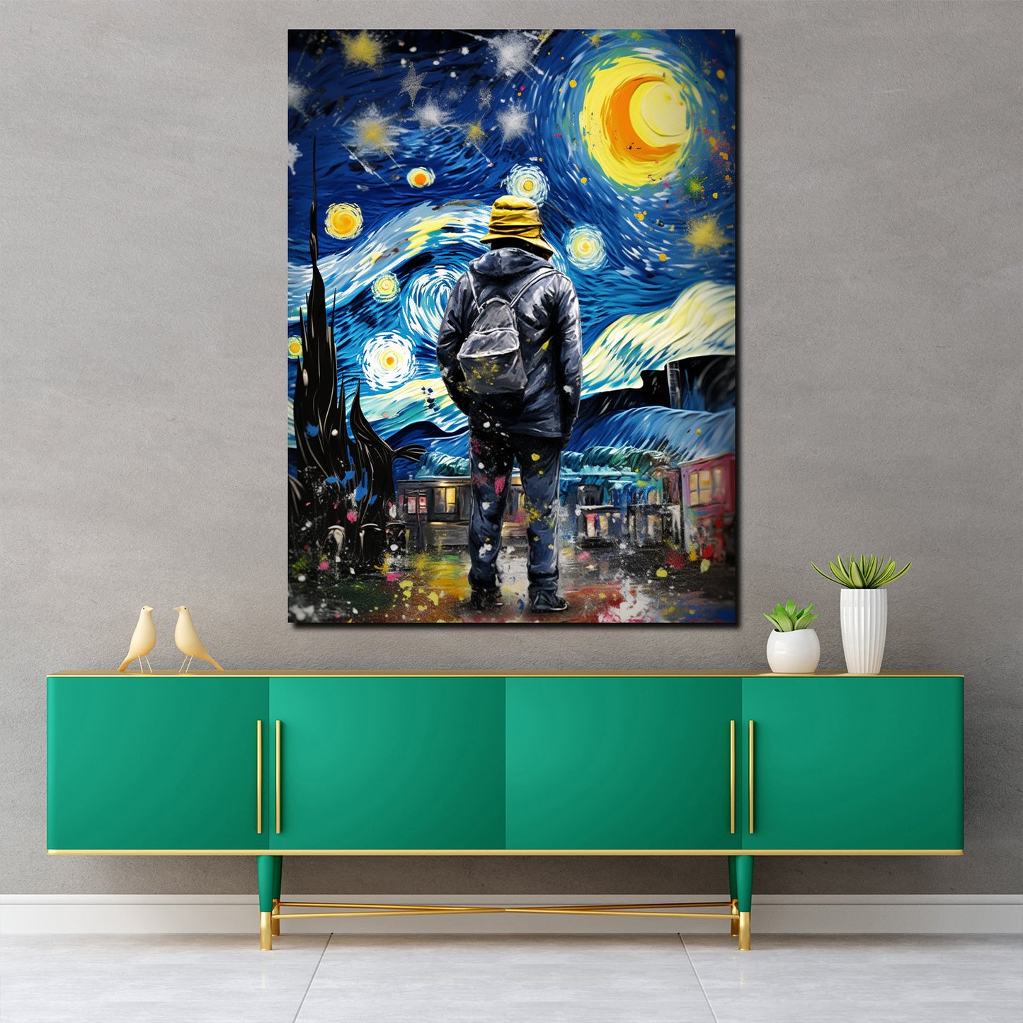 Wandbild Mann im Mondschein Sterne Nacht Van Gogh Stil