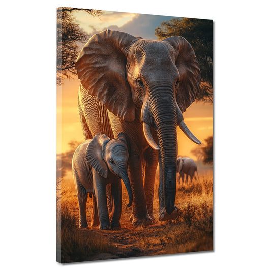 Wandbild Natur Elefanten Familie Sonnenuntergang