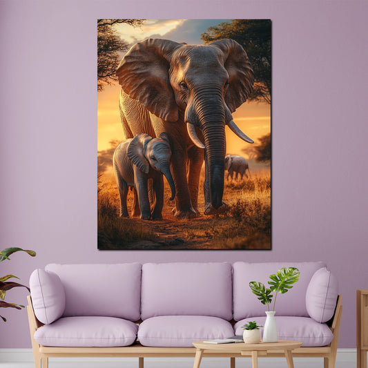 Wandbild Natur Elefanten Familie Sonnenuntergang
