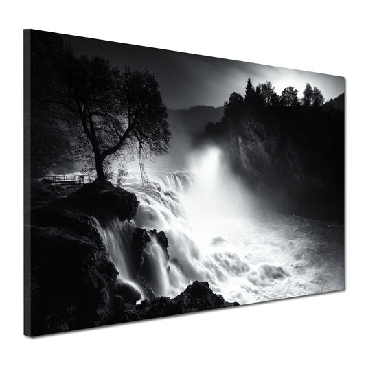 Wandbild Natur Wasserfall schwarz weiß Landschaft Felsen Baum Lichtspiel
