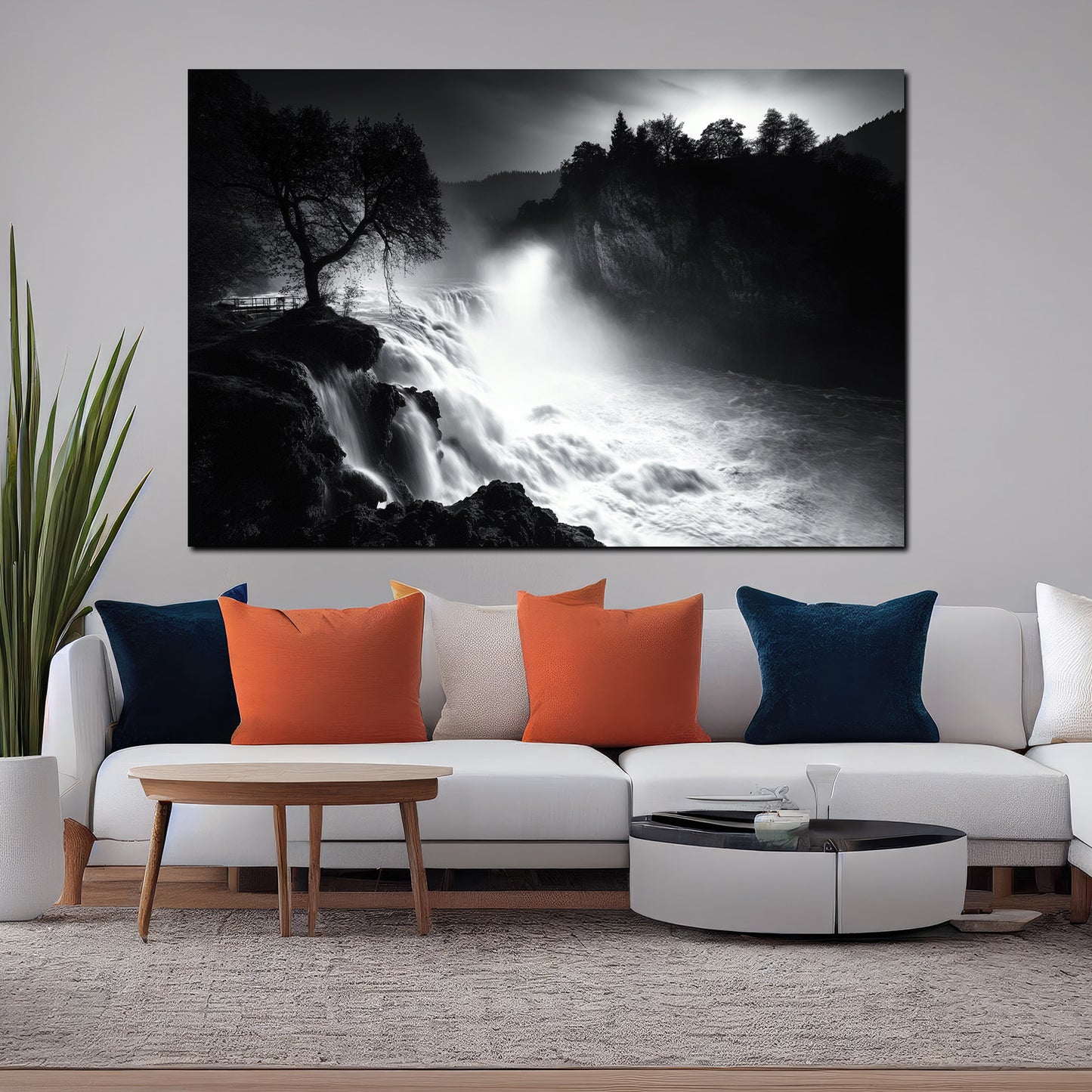 Wandbild Natur Wasserfall schwarz weiß Landschaft Felsen Baum Lichtspiel