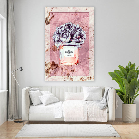 Wandbild Parfumflakon Blumen modern rosa elegant