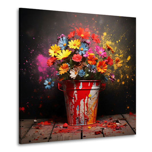 Wandbild Pop Art Blumen in Eimer Farbe Explosion modern