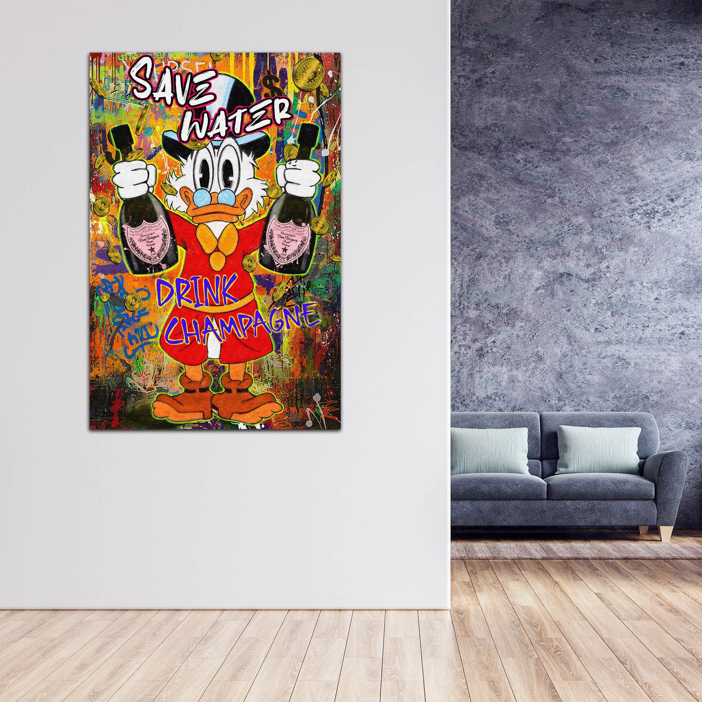 Wandbild Pop Art Duck Save Water Champagner Geld Erfolg