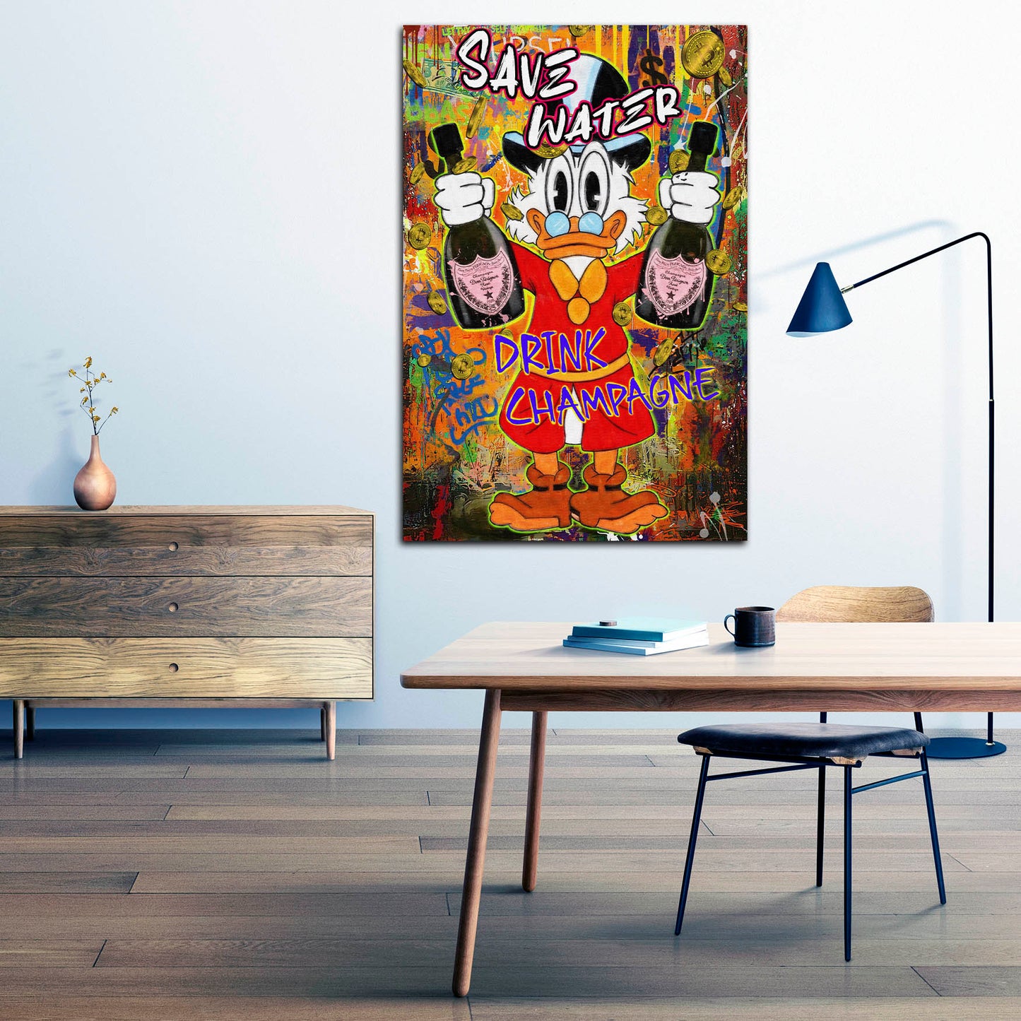 Wandbild Pop Art Duck Save Water Champagner Geld Erfolg