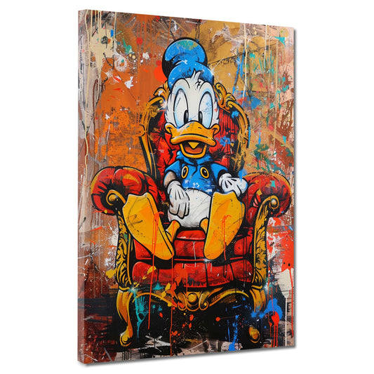 Wandbild Pop Art Ente auf rotem Sessel Duck