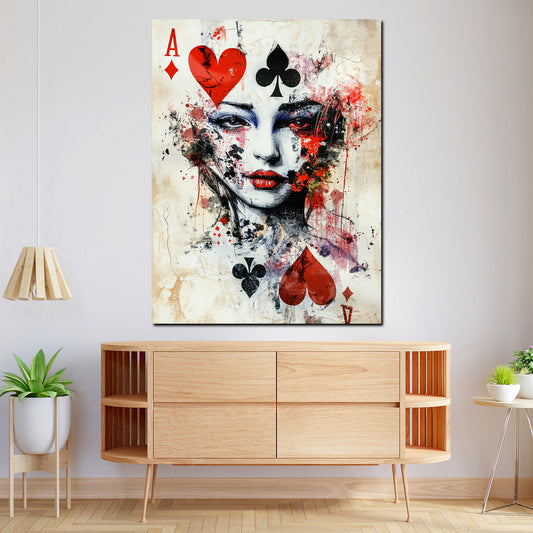 Wandbild Ass Pop Art Frau Spielkarten Herz Pik modern