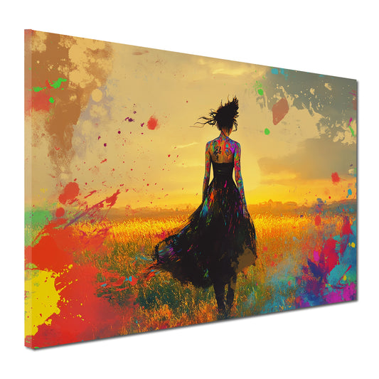 Wandbild Pop Art Frau im Feld Sonnenuntergang farbenfroh