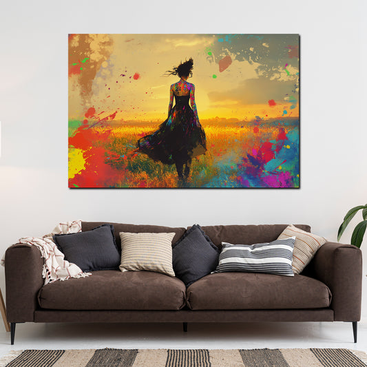 Wandbild Pop Art Frau im Feld Sonnenuntergang farbenfroh