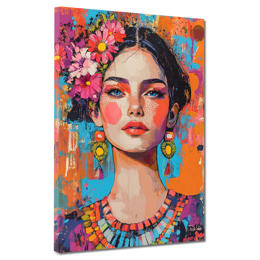 Wandbild Pop Art Frau Frida jung mit Blumen modern