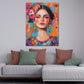 Wandbild Pop Art Frau Frida jung mit Blumen modern