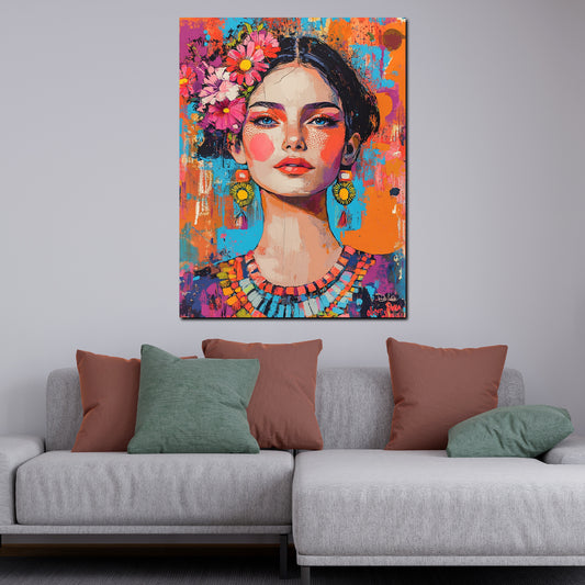 Wandbild Pop Art Frau Frida jung mit Blumen modern