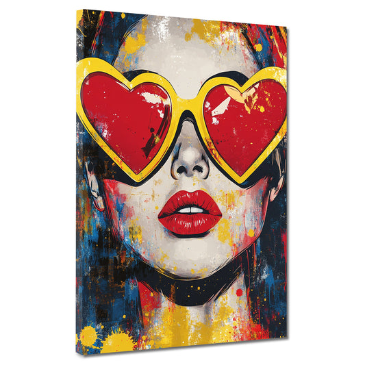 Wandbild Pop Art Frau mit Herzbrille bunt modern
