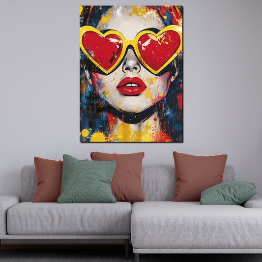 Wandbild Pop Art Frau mit Herzbrille bunt modern