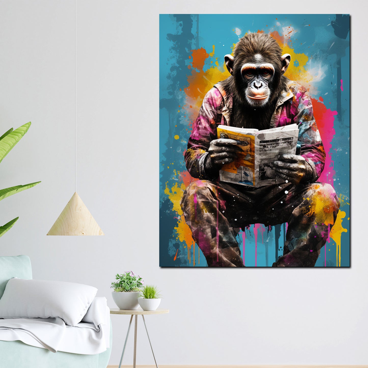 Wandbild Pop Art Gorilla sitzend mit Zeitung