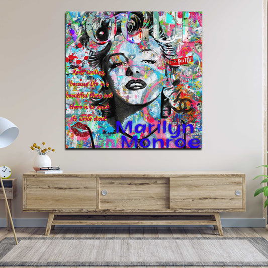 Wandbild Pop Art Marilyn Porträt Zitat bunt Street Art modern