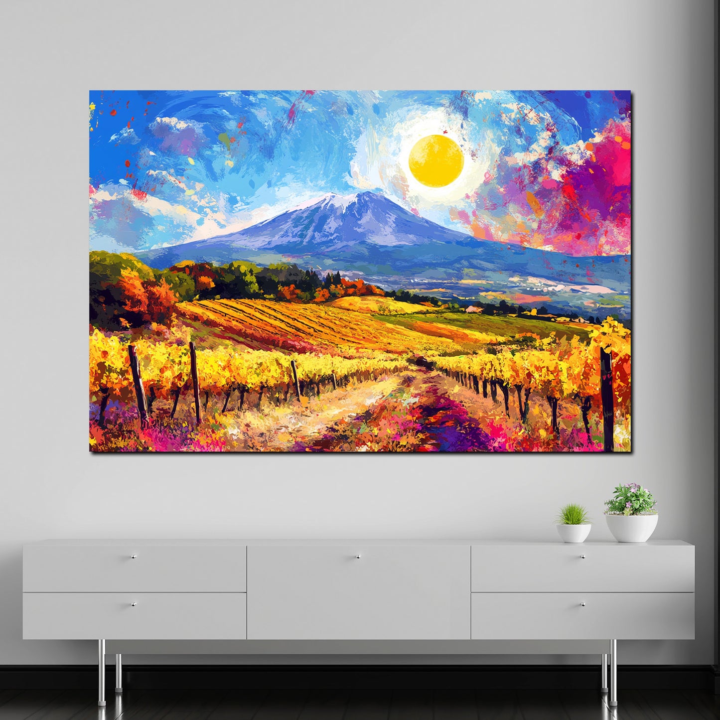 Wandbild Pop Art Weinberge Sonne Berge Natur farbenfroh
