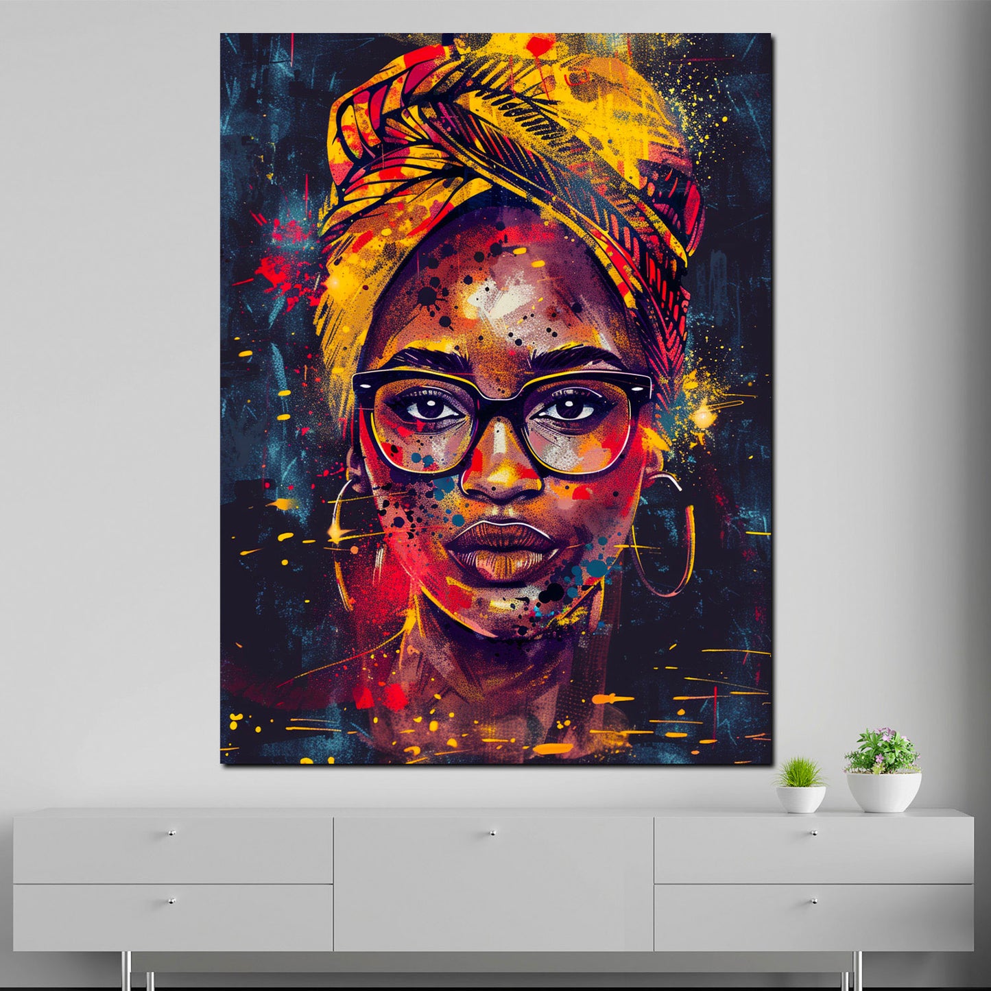 Wandbild Pop Art afrikanische Frau mit Brille und Kopftuch modern farbenfroh