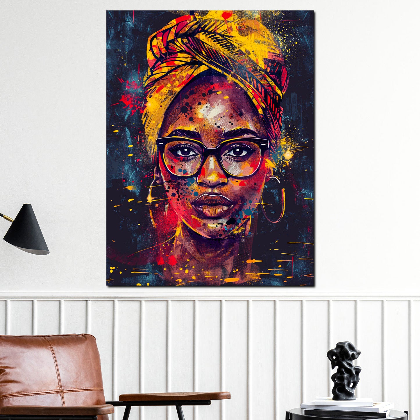 Wandbild Pop Art afrikanische Frau mit Brille und Kopftuch modern farbenfroh