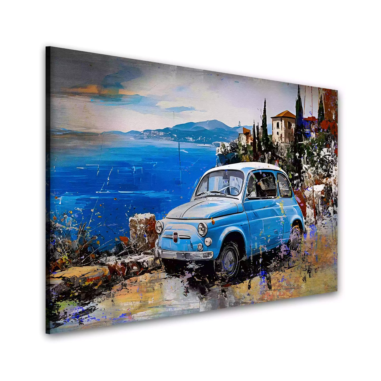 Wandbild Retro Fiat am Mittelmeer mit mediterraner Landschaft