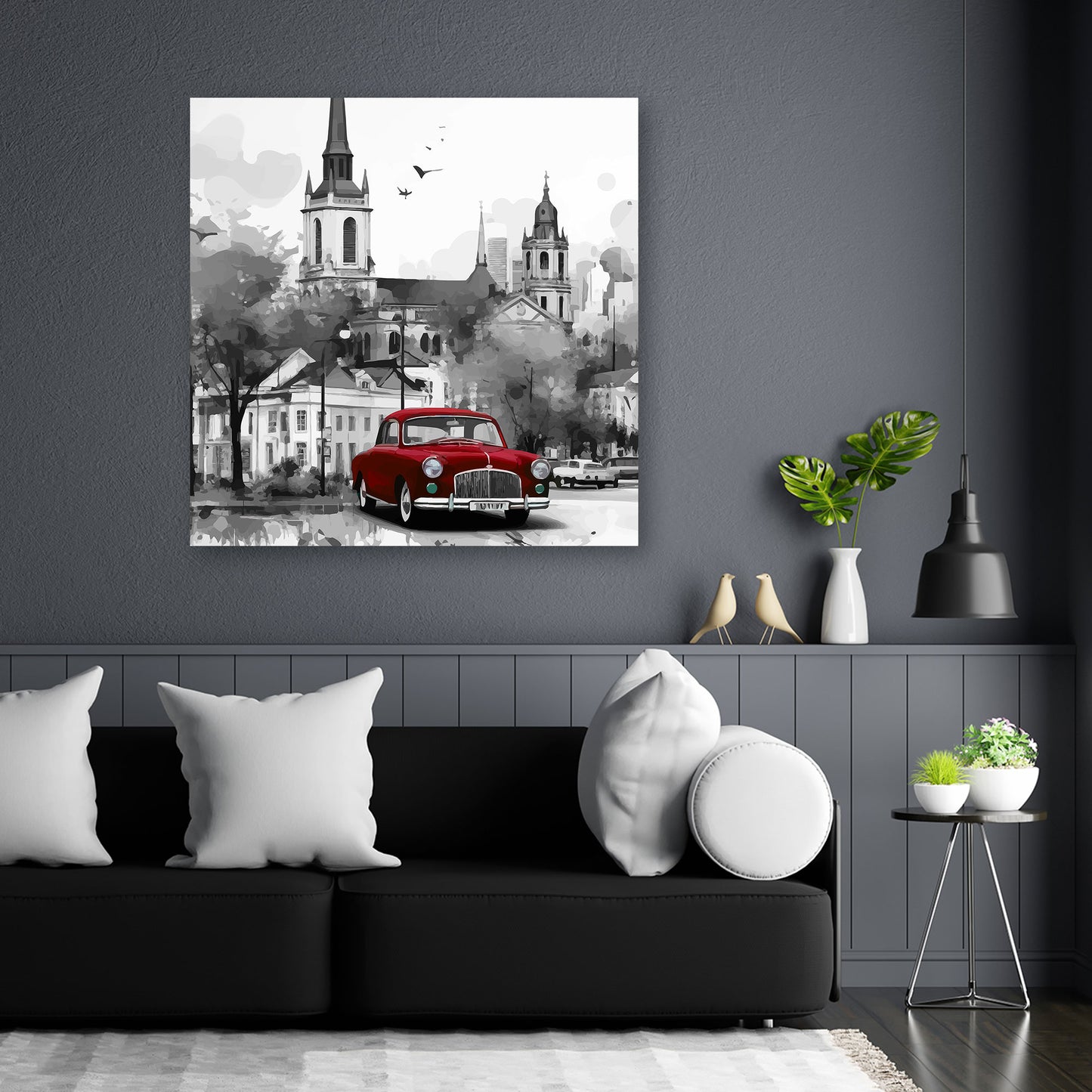 Wandbild Rotes Auto Oldtimer schwarz weiß Stadt