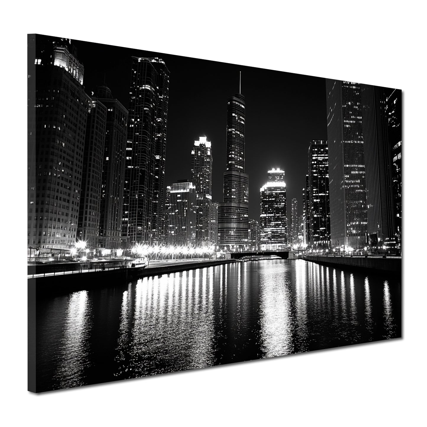 Wandbild Städte Chicago USA Skyline Hochhäuser schwarz weiß Nachtmotiv