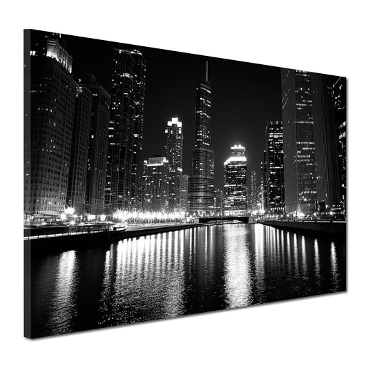 Wandbild Städte Chicago USA Skyline Hochhäuser schwarz weiß Nachtmotiv