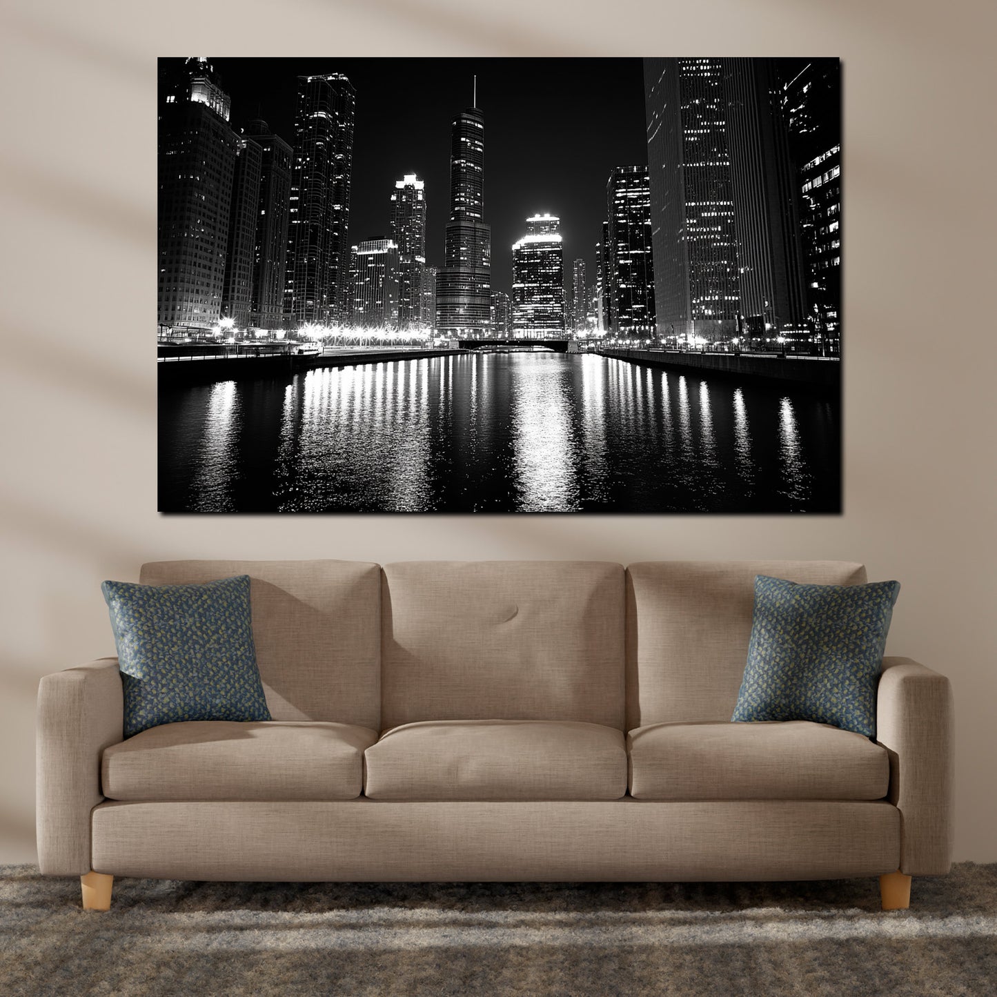 Wandbild Städte Chicago USA Skyline Hochhäuser schwarz weiß Nachtmotiv