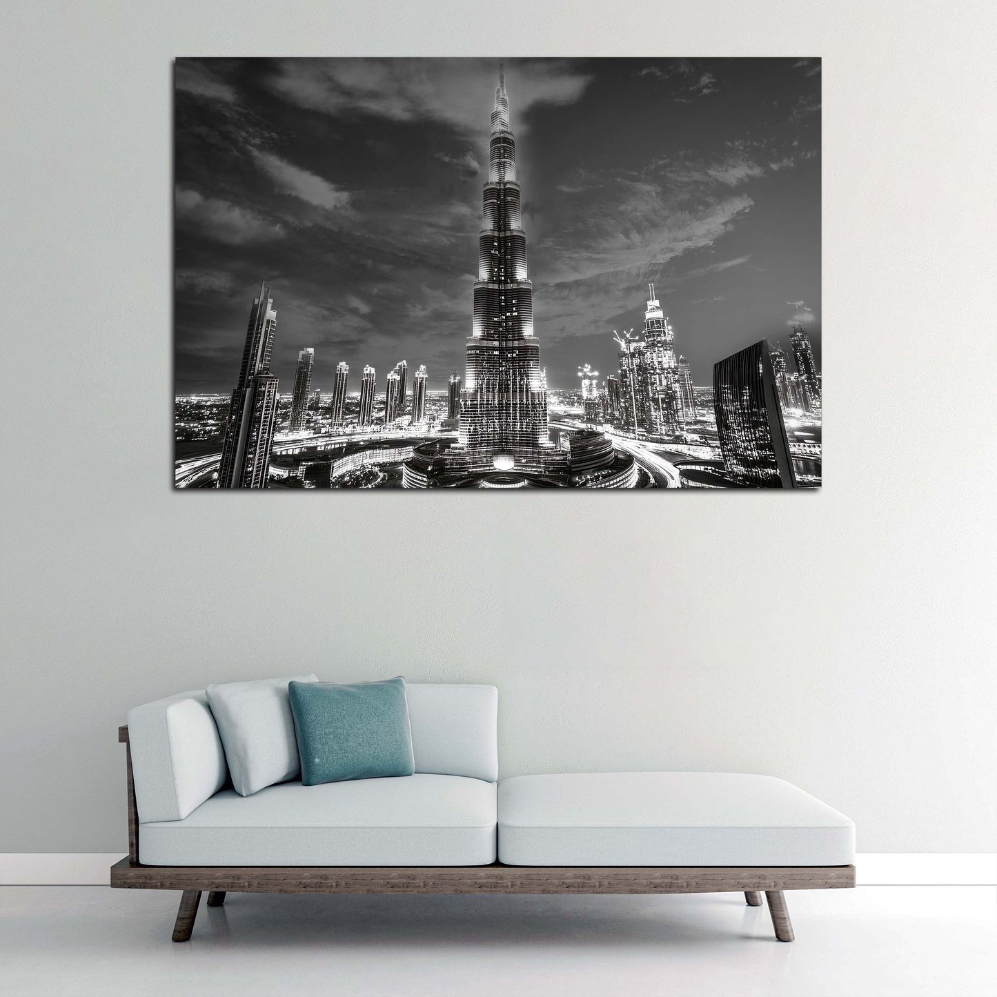 Wandbild Städte Dubai Burj Khalifa Skyline schwarz weiß Nachtaufnahme