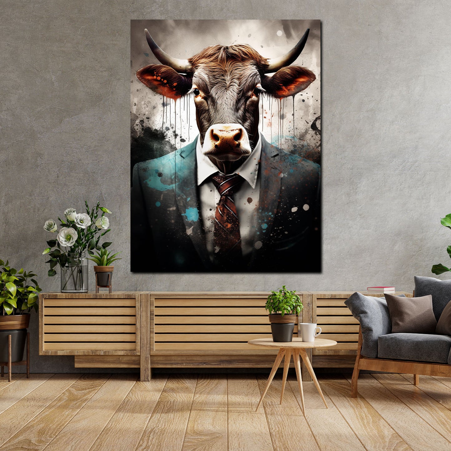 Wandbild Stier im Anzug abstrakt Pop Art Dark